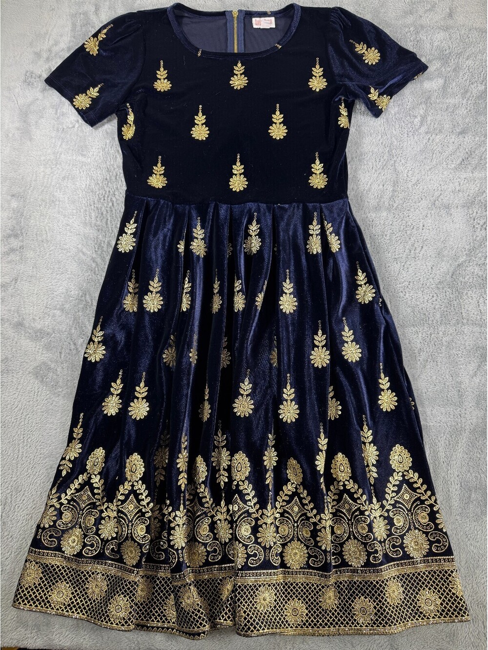 Lularoe Elegant Amelia Dress Navy Blue Velvet Gold Ombre Holiday Size Large